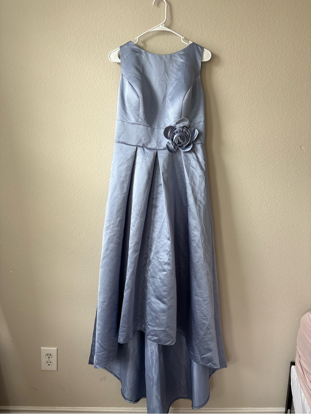 Satin High-Low Floral Waist Dress in Light Blue